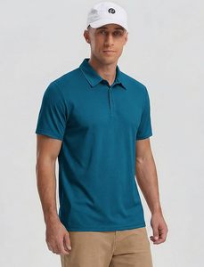 Polo à manches courtes pour homme, couleur turquoise, tricoté, séchage rapide, couleur unie, style décontracté, logo sur la manche gauche - Product Image 6