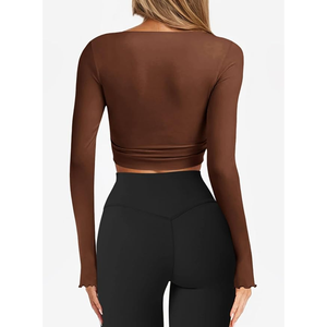 <b>Women</b> <b>Long</b> Sleeve Crop <b>Top</b> Square Neck Solid Color Ruched Activewear Yoga Shirt Regular Fit Full Sleeve Spandex Polyester - Product Image 3