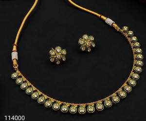 Indian Traditional Kundan Meenakari Copper Base Necklace <b>Set</b> Gold Plated Green Enamel Teardrop Choker with Floral Stud Earrings - Product Image 1