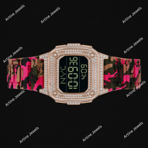 Montre numérique en or rose avec diamants, bracelet rose, cadran carré, montre de luxe scintillante, style audacieux pour unisexe - Product Image 3