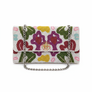 Pochette de soirée florale perlée à la main pour femme avec chaîne délicate - Product Image 3
