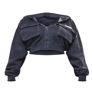 Haut court à capuche personnalisé pour femme en coton tricoté, séchage rapide, écologique, avec fermeture éclair et design cargo délavé à l'acide - Product Image 5