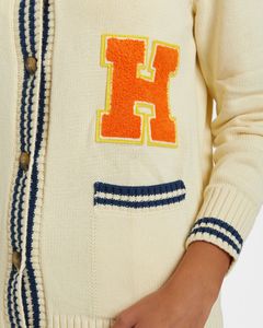 Cárdigan de punto para mujer, manga larga, cuello en V, estilo preppy, contraste de color, cierre con botones, aplique con la letra H, alta calidad - Product Image 3