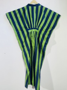Vestido Kaftán a Rayas Verde y Azul Marino con Cuello Mandarín, Vestido Largo Holgado sin Mangas, Informal de Verano - Product Image 5