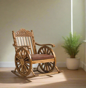 Fauteuil à bascule en bois orné avec des panneaux latéraux sculptés en forme de roues de char, des frises détaillées, un siège rembourré en cuir, en gros. - Product Image 1
