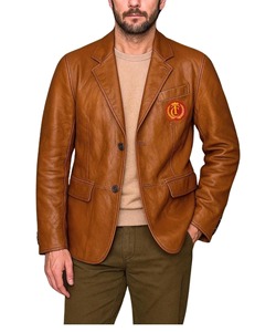 Men's Genuine Leather Blazer <b>Jacket</b> With Badge <b>Smart</b> Casual Autumn Wear Brown Color Turn-down Collar Single Button Design - Product Image 1