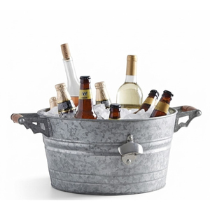 Wholesale <b>Large</b> Galvanized Beverage Tub with Wooden Handles Metal Ice Bucket and Oval Party Drink Cooler for Outdoor <b>BBQ</b> Events - Product Image 2