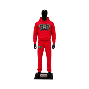 Conjunto de Sudadera con Capucha y Pantalones Jogger Rojos con Estampado Gráfico para Hombre, Diseño de Tres Cabezas de Perro, Ropa Urbana Casual Deportiva, Venta al por Mayor OEM - Product Image 1