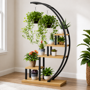 Black Metal Arch Plant <b>Stand</b> with Wooden Shelves Hanging <b>Pot</b> Rack Indoor Garden Display Shelf for Home Decor Patio - Product Image 3