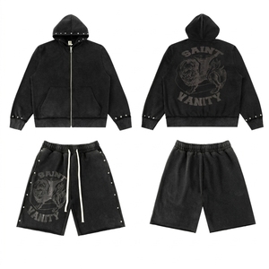 High Quality Rivet Mens 2 Piece Set American Acid Washed Streetwear 100% Cotton Knitted Shorts Pants Saint Vanity Hoodies - Product Image 1