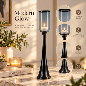 Smoked Glass Hurricane <b>Candle</b> <b>Holder</b> with Tall <b>Black</b> Metal Base for Table Display | Contemporary <b>Candle</b> Stand for Home Dining De - Product Image 2