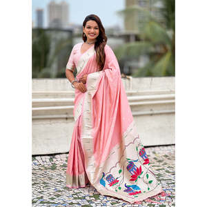 Sari de Seda Paithani Rosa Pastel con Diseño de Pavo Real y Loto Tejido con Hilo Zari, Ropa India y Pakistaní, Tejidos de Primera Calidad, 650g - Product Image 6