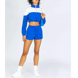 Conjunto Deportivo de 2 Piezas para Mujer con Bloques de Color, Top Corto de Manga Larga y Pantalones Cortos, Tejido Transpirable para Primavera/Verano - Product Image 4