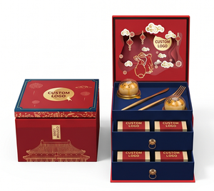 Premium Recycled Materials Rigid Mid-Autumn Mooncake <b>Gift</b> <b>Boxes</b> <b>Magnetic</b> Closure Handle Four-Color Printed Logo Options Smooth - Product Image 1