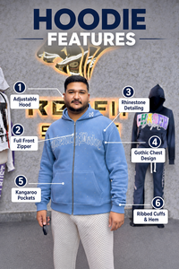 Sudadera con capucha y cremallera para hombre, azul claro, con estampado de letras de diamantes de imitación, de felpa francesa, estilo urbano, corte holgado, estilo otoñal - Product Image 3