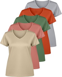 Camiseta de Mujer con Cuello en V, Manga Corta, Bloques de Color, Tejido de Punto, Secado Rápido, Corte Regular, Estilo Deportivo para Primavera/Verano, OEM ODM - Product Image 5