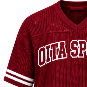 Crimson Red Knit V Neck Sports Jersey <b>Short</b> <b>Sleeve</b> <b>White</b> Stripe Detail Custom Oversized Casual Athletic Performance Team <b>Shirt</b> - Product Image 5