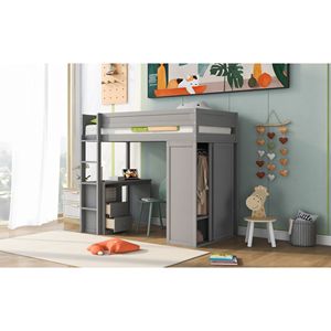 Letto a soppalco grigio singolo con armadi e scrivania a 2 cassetti con mobiletto, letto in legno per bambini con funzioni di archiviazione - Product Image 4