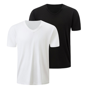 T-shirt pour homme à col en V, manches courtes, coupe classique, imprimé lettres vintage, délavé à l'acide, séchage rapide, 100% coton, blanc et noir - Product Image 1