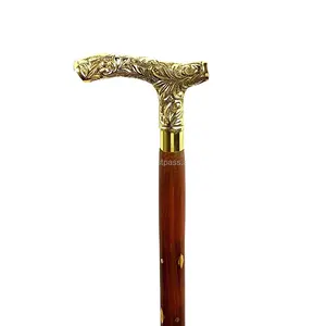 Tongkat berjalan kayu mewah dengan kuningan antik dengan pegangan ukir pabrik tepercaya tongkat jalan dewasa dan menempel dengan biaya rendah