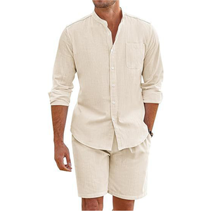 Men's Summer 2-Piece Casual Beach Set Polyester Button-Up Shirt Long-<b>Sleeved</b> <b>Shorts</b> <b>Cardigan</b> Breathable Set - Product Image 4