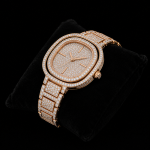 Montre ronde de luxe en or rose sertie de diamants, bracelet en acier inoxydable, montre-bracelet à quartz pour homme et femme, style haut de gamme, élégante - Product Image 3