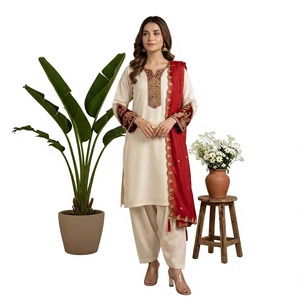 Ensemble Salwar Kameez Kurta Palazzo en soie romaine brodée à motifs floraux pour femmes IPPAI, tenue de soirée formelle d'été, séchage rapide, protection solaire - Product Image 3