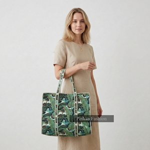 Bolso de mano de algodón acolchado con hojas de plátano tropicales al por mayor, con bolsillo interior con cremallera, estilo Jaipur Block Print, ideal para el mercado. - Product Image 2