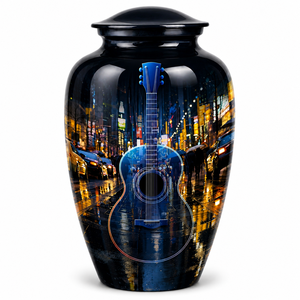 Urna Funeraria de Esmalte de Lujo con Diseño de Guitarra y Oro Oceánico, con Adhesivo para Foto Conmemorativa, para Cenizas Humanas - Product Image 2