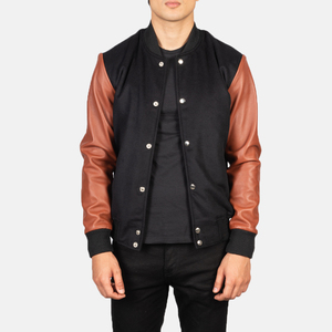 Classic Stand Collar <b>Canvas</b> Crew Neck Varsity Winter Jacket with <b>Plain</b> Black Wool Sleeves and Cartoon Pattern - Product Image 5