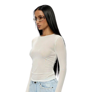 Blusa Transparente de Manga Larga para Mujer, Cuello Redondo, Top de Malla Delgada, Camisa Lisa Transparente para Combinar en Capas con Dobladillo Recto, Tops con Etiqueta Personalizada - Product Image 5