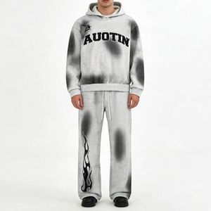 Ensemble de survêtement à capuche pour homme, manches longues, en coton, décontracté, gris, imprimé tie-dye, lettres, pour l'automne - Product Image 2