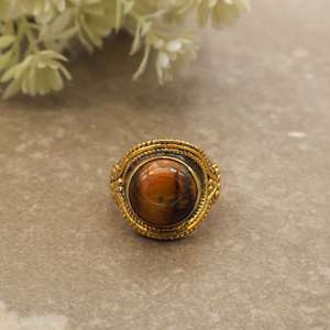 Vintage Boho <b>Tiger</b> <b>Eye</b> <b>Ring</b> Handcrafted 14K Gold Plated Brass Unisex Statement Jewelry - Product Image 1