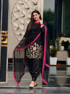 <b>Black</b> Embroidered Salwar Kameez Set for Women Long Sleeve <b>Top</b> Palazzo Pants Net Shawl Party Wear - Product Image 2