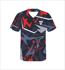 Maillot de baseball personnalisé pour homme, noir et rouge, imprimé géométrique, col en V, manches courtes, polyester sublimé anti-humidité - Product Image 2