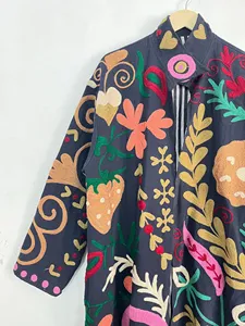 Premium <b>Navy</b> Blue Embroidered Long Suzani <b>Jacket</b> <b>Women's</b> Boho Floral Pattern Full Sleeve Winter Autumn <b>Jacket</b> - Product Image 4