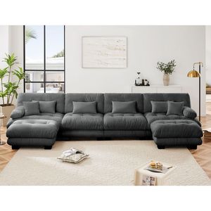 Divano Componibile Modulare a Combinazione Libera, Comodo Divano a U per Soggiorno con 4 Posti e 2 Pouf in Ciniglia Grigia - Product Image 3