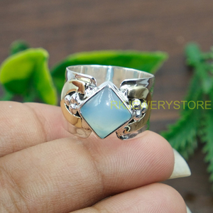 Anillo de Calcedonia Azul, Plata de Ley 925 Sólida con Anillo de Latón, Anillo Decorativo Hecho a Mano con Acabado Martillado para Regalo de Joyería de Calcedonia - Product Image 2