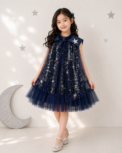 Robe de fête pour filles, bleu marine, avec paillettes, étoiles, tulle superposé, sans manches, avec cape |   Robe de princesse élégante bleu marine pour anniversaire - Product Image 5