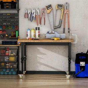 47\" Height <b>Adjustable</b> Garage Workbench with Wheels Bamboo Tabletop Workstation Tool <b>Table</b> for Woodworking - Product Image 4