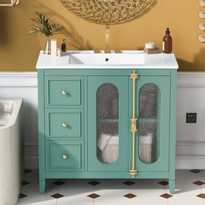 Mobile Bagno Moderno da 36 Pollici con Struttura in Legno Massello, 3 Cassetti e 2 Ante con Chiusura Ammortizzata - Collezione 2023 - Product Image 4