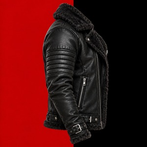 <b>Men's</b> Black <b>Shearling</b> Leather Moto <b>Jacket</b> Zip Up Biker <b>Jacket</b> Fur Collar Slim Fit Autumn Outerwear - Product Image 2