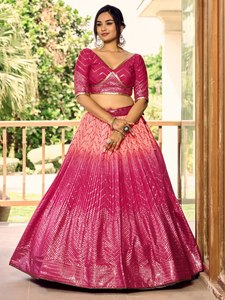 Pink Sequin Woven One <b>Set</b> Short Floral <b>Blazer</b> with Dupatta Pleated Lehenga Wedding Party Outfit - Product Image 4
