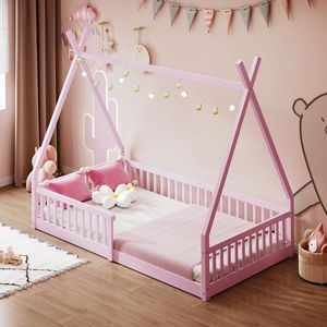 Lit en bois rose pour enfant, taille double, avec clôture, design unique, meubles de lit - Product Image 2