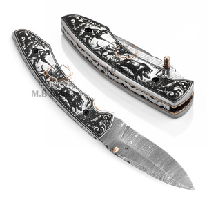 Couteau pliant professionnel sur mesure en acier Damas de qualité industrielle - Manche en os de chameau gravé au laser, longueur totale de 19 cm - Product Image 3