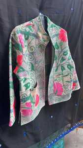 Unique Indian Style Floral Embroidered <b>Tweed</b> <b>Jacket</b> Loose Fit Full Sleeve Boho Style Hand Embroidery Collarless Daily Wear - Product Image 1