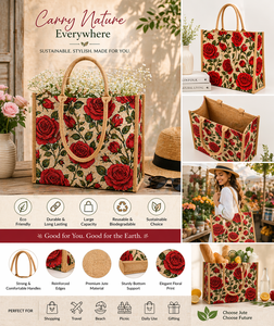 Red <b>Rose</b> Printed Jute Shopping Tote Bag Eco Friendly Reusable Wedding Gift Open <b>Top</b> Laminated Large Capacity Carry - Product Image 3