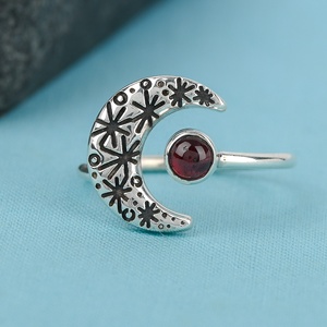 Wholesale Garnet Crescent Moon <b>Ring</b> Boho Floral Oxidized Sterling <b>Silver</b> Gemstone Jewelry Adjustable <b>Statement</b> <b>Ring</b> - Product Image 3