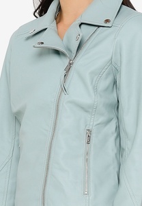 Chaqueta de Moto de Cuero Sintético Azul Claro para Mujer, Manga Larga, Cierre de Cremallera, Cuello Alto, Estilo Primavera - Product Image 2