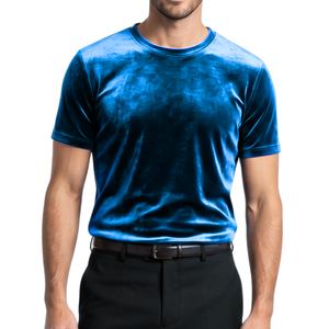 Camiseta de Terciopelo Transpirable Azul Claro para Hombre, Cuello Redondo, Manga Corta, Informal, Estilo Minimalista, Suave y Afelpada - Product Image 4